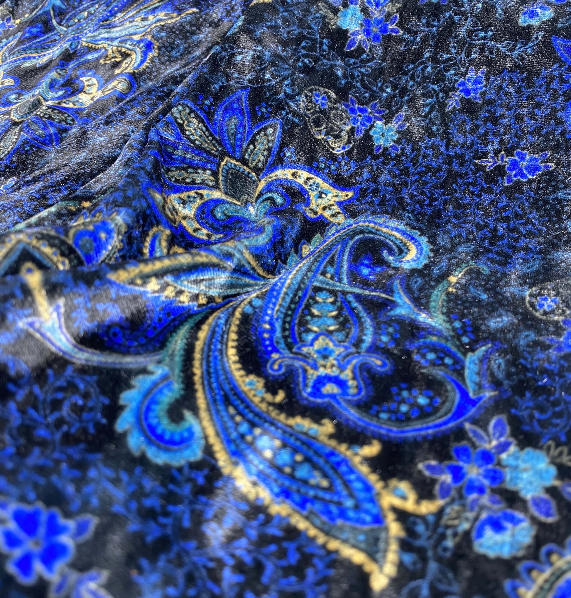 Electric Blue Paisley High Waisted Stretch Velvet Leggings