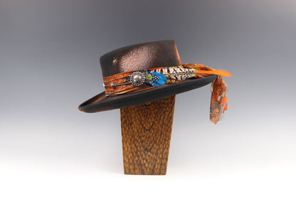 The Havana Gambler Hat - Wool Felt Fedora Unisex Country Western Style Hat For Men And Women Orange Detailing Distressed Burn Effect