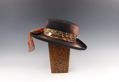 The Havana Gambler Hat - Wool Felt Fedora Unisex Country Western Style Hat For Men And Women Orange Detailing Distressed Burn Effect