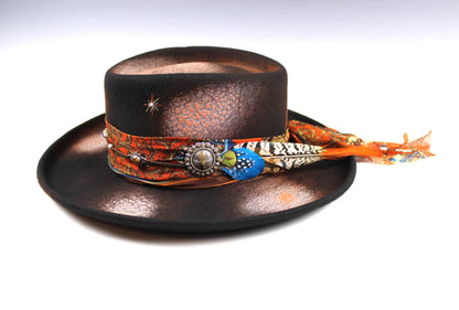 The Havana Gambler Hat - Wool Felt Fedora Unisex Country Western Style Hat For Men And Women Orange Detailing Distressed Burn Effect