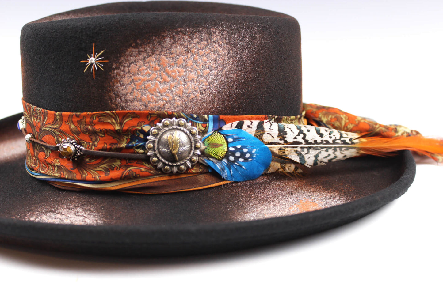 The Havana Gambler Hat - Wool Felt Fedora Unisex Country Western Style Hat For Men And Women Orange Detailing Distressed Burn Effect