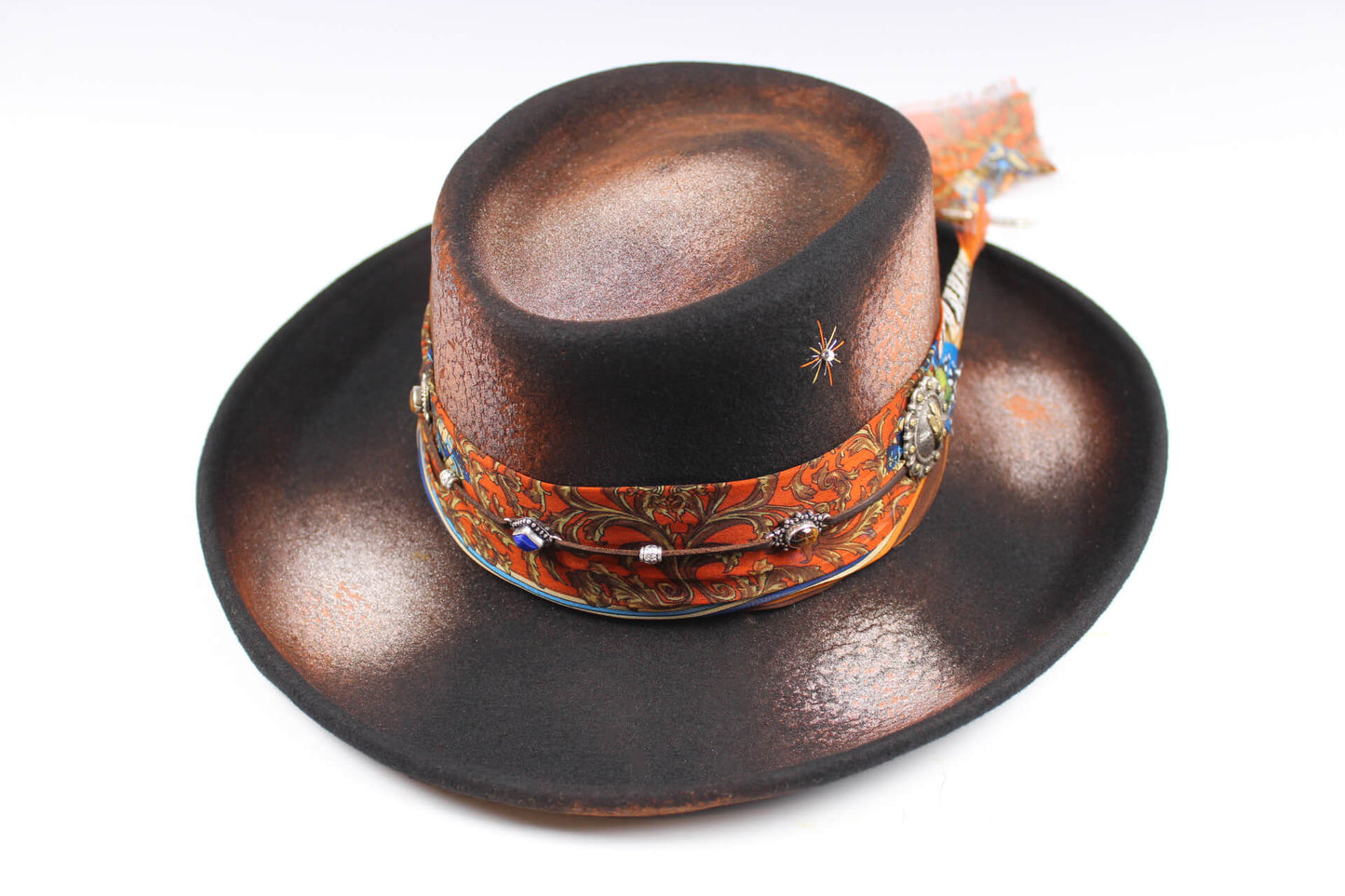 The Havana Gambler Hat - Wool Felt Fedora Unisex Country Western Style Hat For Men And Women Orange Detailing Distressed Burn Effect