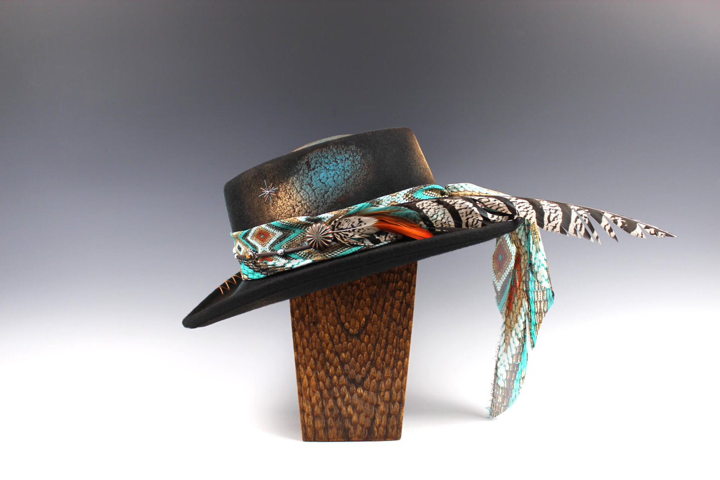 The Tequila Sunrise Gambler Hat Western Style Hat Bohemian Country Turquoise Detailing Gemstones And Feathers Unisex For Men And Women