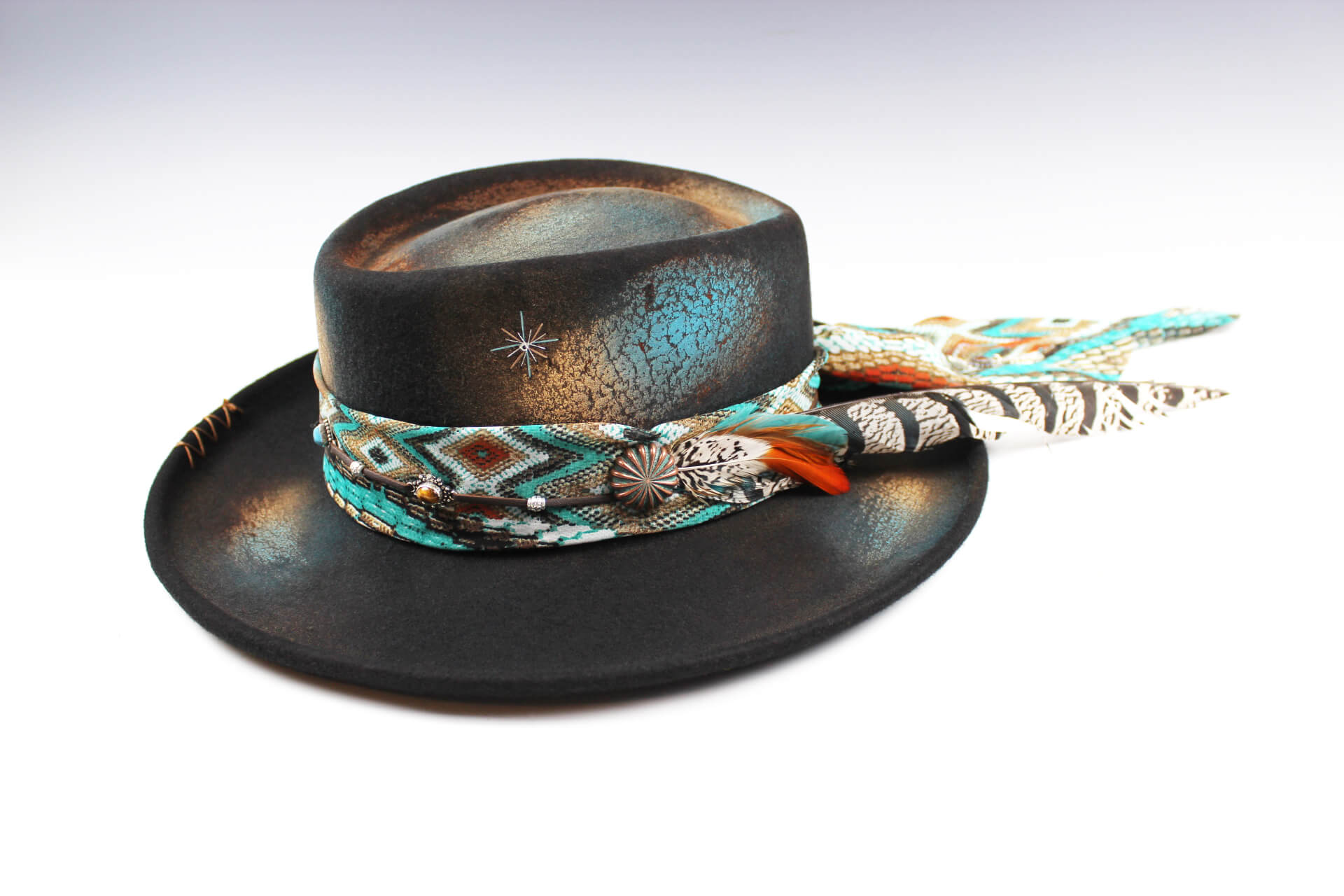 The Tequila Sunrise Gambler Hat Western Style Hat Bohemian Country Turquoise Detailing Gemstones And Feathers Unisex For Men And Women