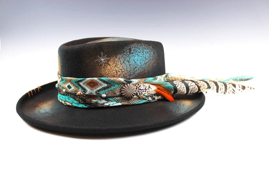 The Tequila Sunrise Gambler Hat Western Style Hat Bohemian Country Turquoise Detailing Gemstones And Feathers Unisex For Men And Women