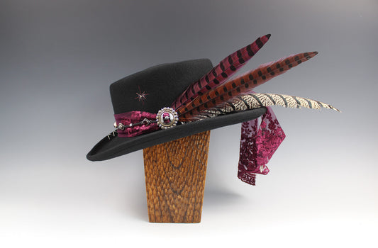 The Ruby Tuesday Gambler - Wool Felt Fedora Hat Black Handmade Country Western Style Cowboy Hat Pink Detailing Jimi Hendrix Stevie Nicks Hat