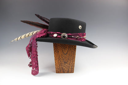 The Ruby Tuesday Gambler - Wool Felt Fedora Hat Black Handmade Country Western Style Cowboy Hat Pink Detailing Jimi Hendrix Stevie Nicks Hat