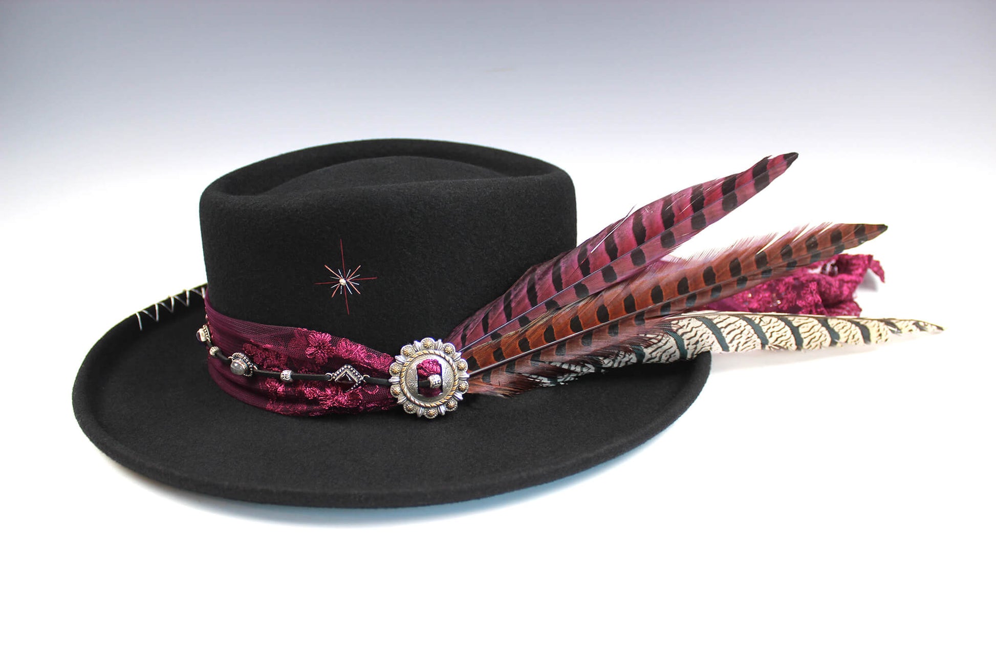 The Ruby Tuesday Gambler - Wool Felt Fedora Hat Black Handmade Country Western Style Cowboy Hat Pink Detailing Jimi Hendrix Stevie Nicks Hat