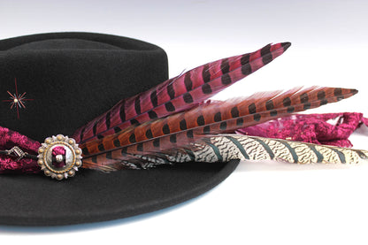 The Ruby Tuesday Gambler - Wool Felt Fedora Hat Black Handmade Country Western Style Cowboy Hat Pink Detailing Jimi Hendrix Stevie Nicks Hat