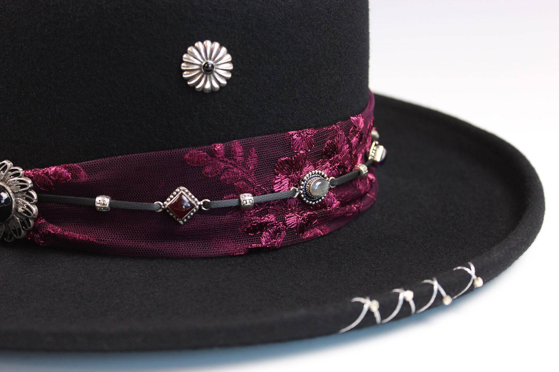 The Ruby Tuesday Gambler - Wool Felt Fedora Hat Black Handmade Country Western Style Cowboy Hat Pink Detailing Jimi Hendrix Stevie Nicks Hat