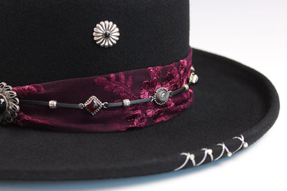 The Ruby Tuesday Gambler - Wool Felt Fedora Hat Black Handmade Country Western Style Cowboy Hat Pink Detailing Jimi Hendrix Stevie Nicks Hat