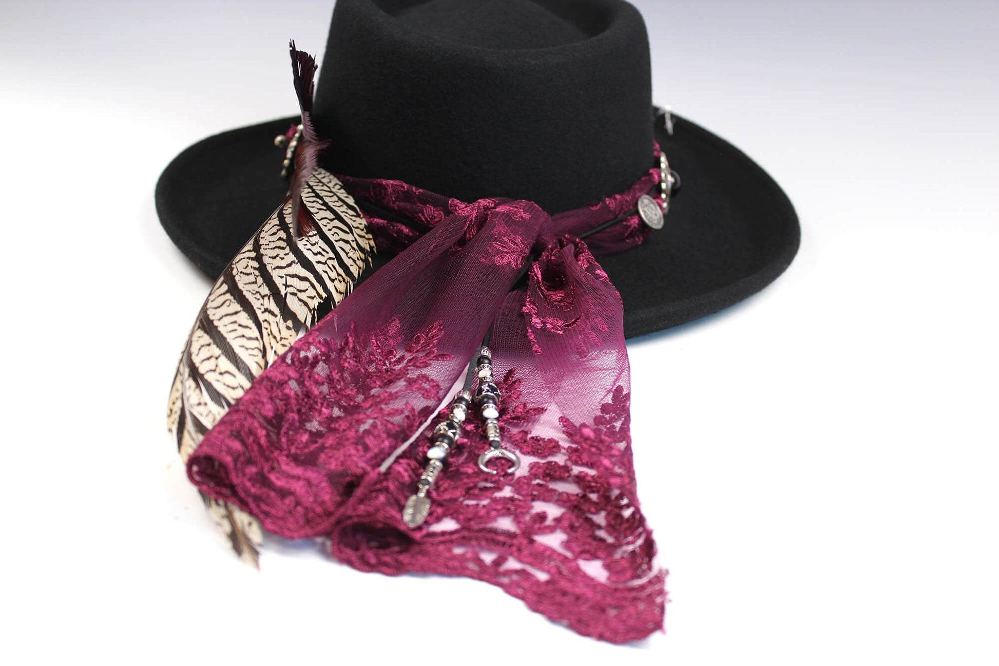 The Ruby Tuesday Gambler - Wool Felt Fedora Hat Black Handmade Country Western Style Cowboy Hat Pink Detailing Jimi Hendrix Stevie Nicks Hat