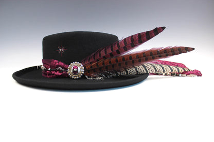 The Ruby Tuesday Gambler - Wool Felt Fedora Hat Black Handmade Country Western Style Cowboy Hat Pink Detailing Jimi Hendrix Stevie Nicks Hat