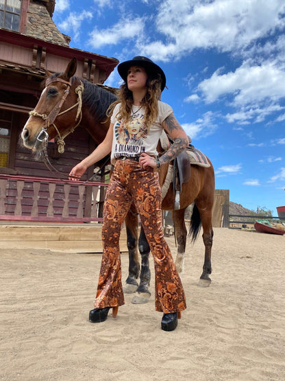 Mustang Paisley High Waisted Stretch Velvet Bell Bottoms - Country & Western Cowgirl Rock n Roll Hippie Gypsy Flares Trousers Unisex