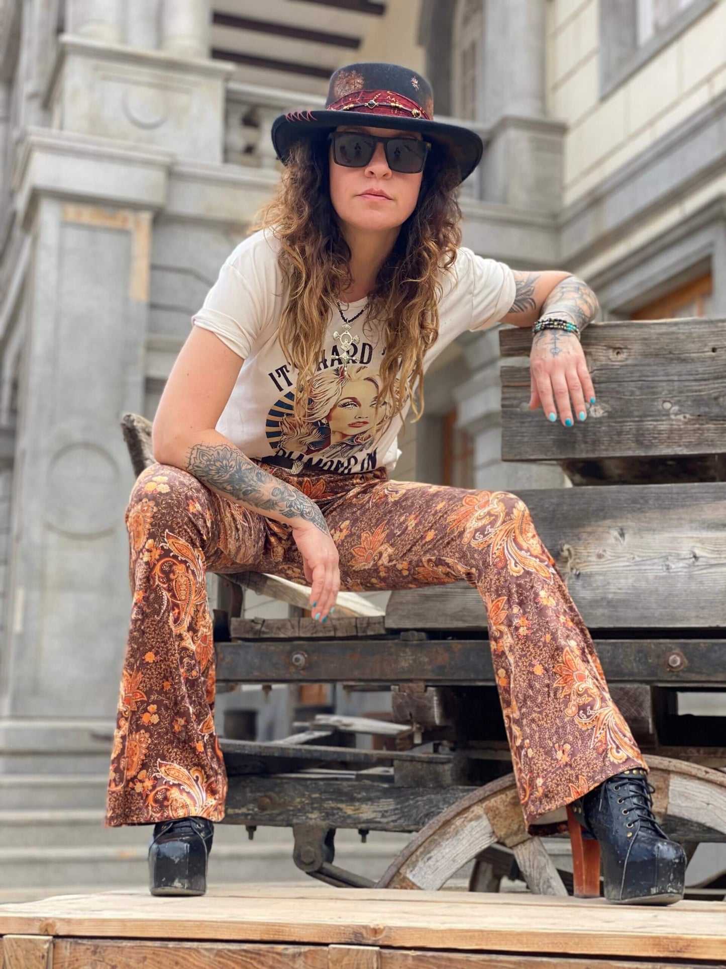 Mustang Paisley High Waisted Stretch Velvet Bell Bottoms - Country & Western Cowgirl Rock n Roll Hippie Gypsy Flares Trousers Unisex