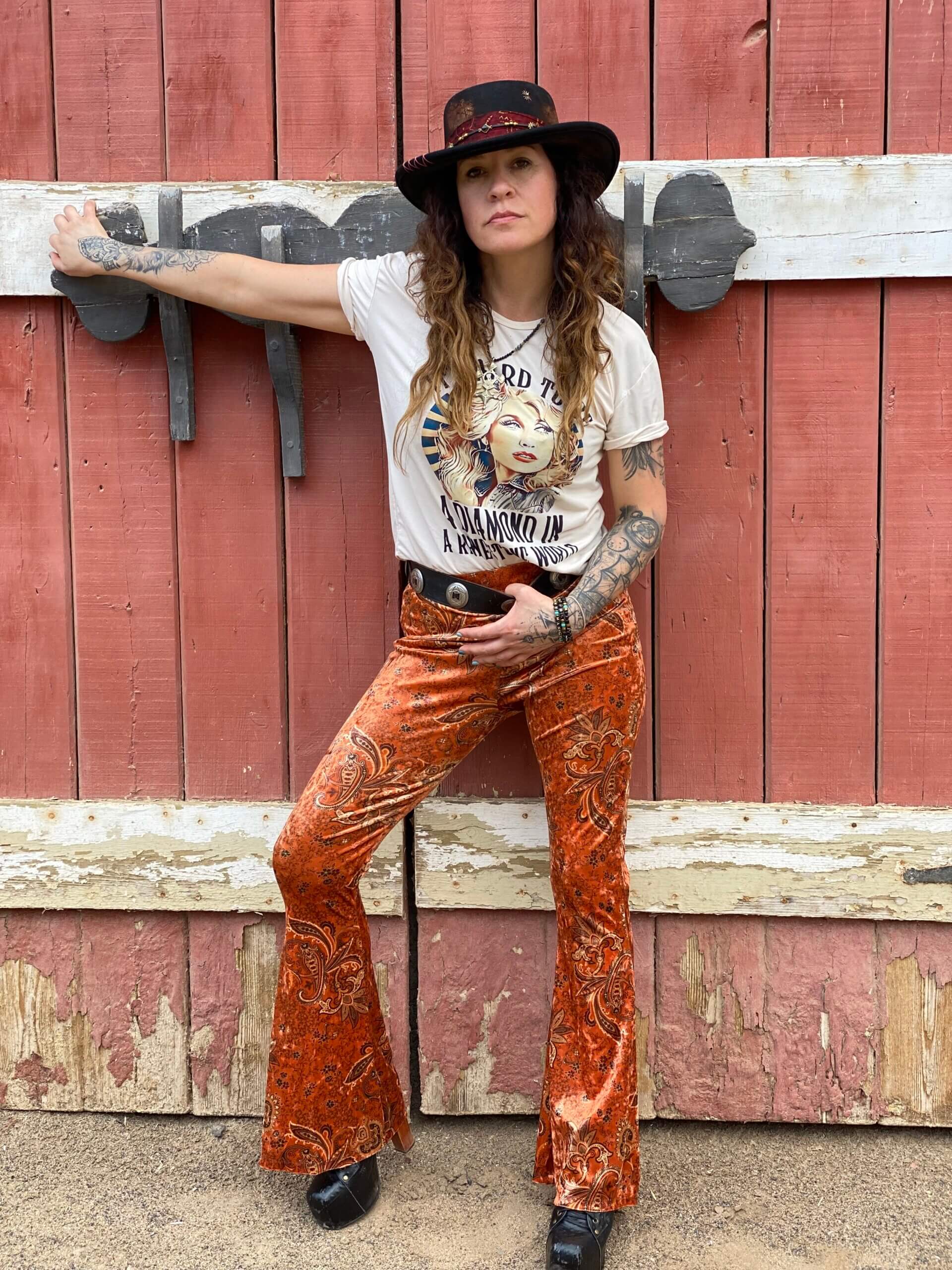 El Dorado Paisley High Waisted Stretch Velvet Bell Bottoms - Country & Western Cowgirl Rock n Roll Hippie Gypsy Flares Trousers Unisex