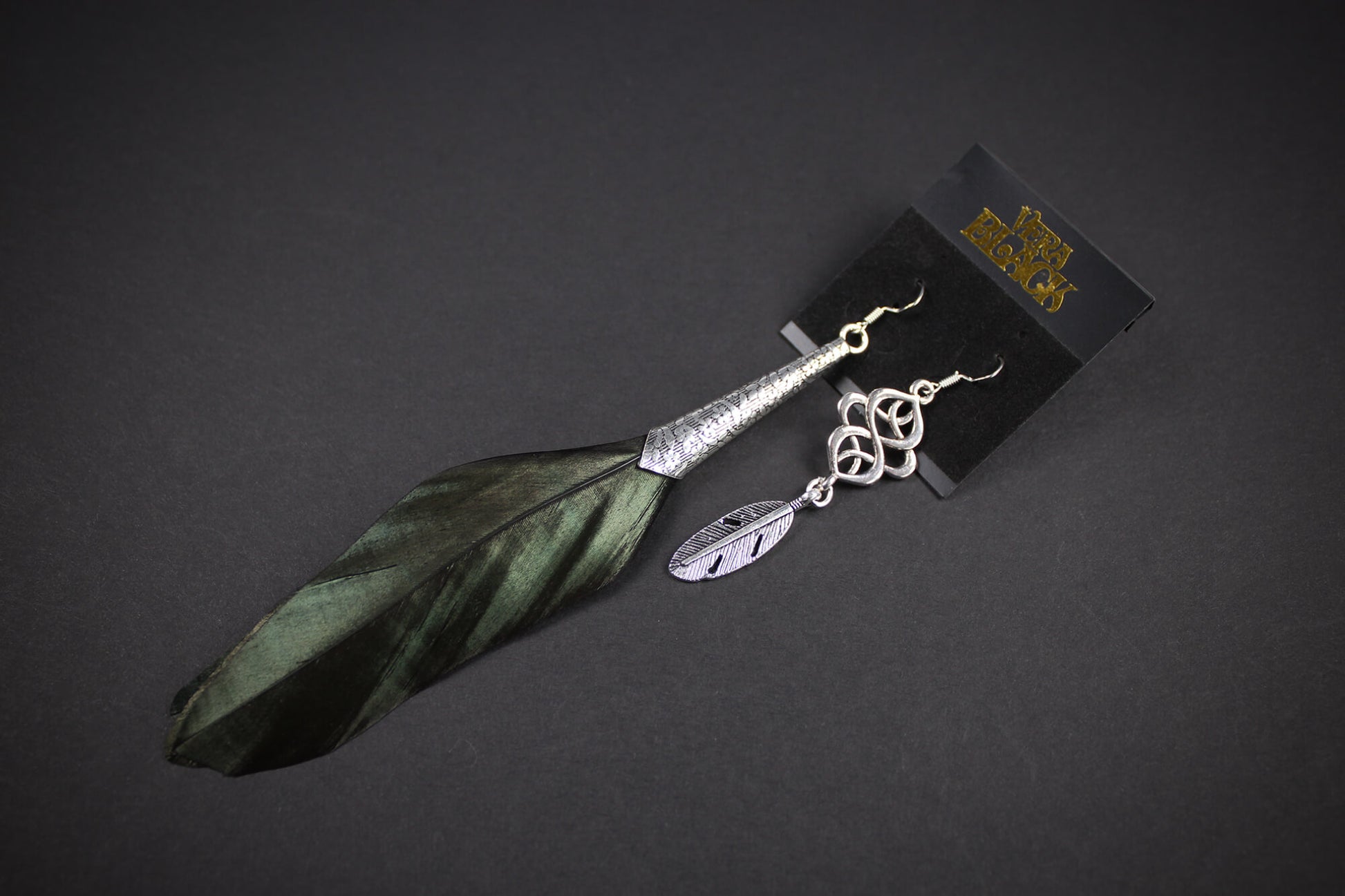 The Black Night Silver Feather Earrings - asymmetrical pair for natural feather earrings, black with iridescent green, rock n roll style