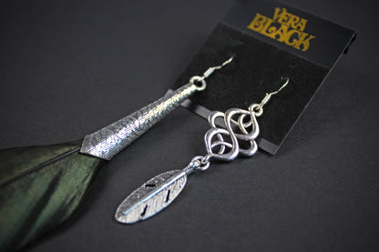 The Black Night Silver Feather Earrings - asymmetrical pair for natural feather earrings, black with iridescent green, rock n roll style