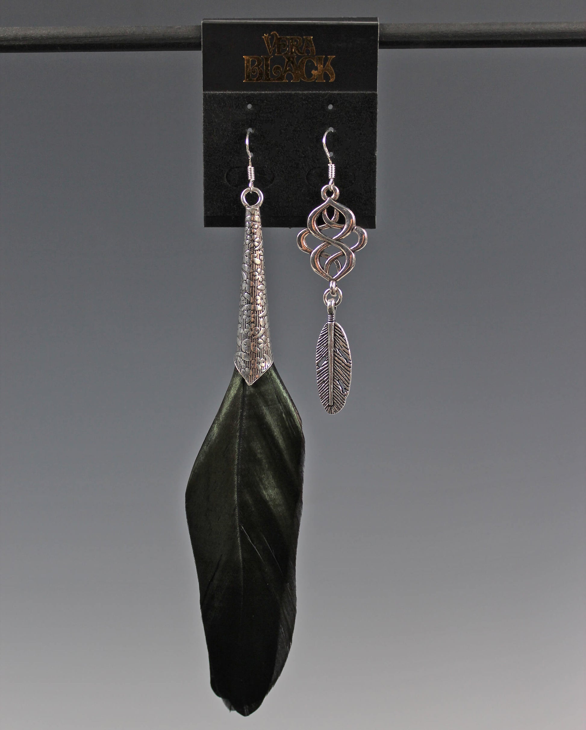 The Black Night Silver Feather Earrings - asymmetrical pair for natural feather earrings, black with iridescent green, rock n roll style