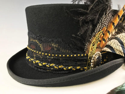 The Sleepy Hollow Top Hat -  Stevie Nicks Style Hat For Wedding Costume Funeral Hat Black And Gold Festival Hat Unisex For Men And Women