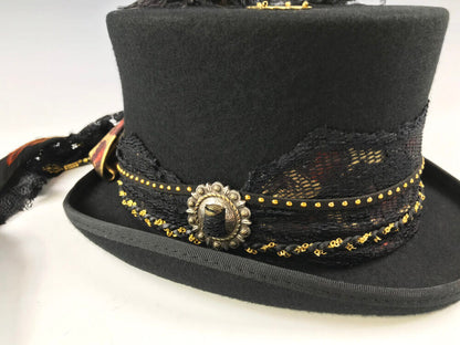 The Sleepy Hollow Top Hat -  Stevie Nicks Style Hat For Wedding Costume Funeral Hat Black And Gold Festival Hat Unisex For Men And Women