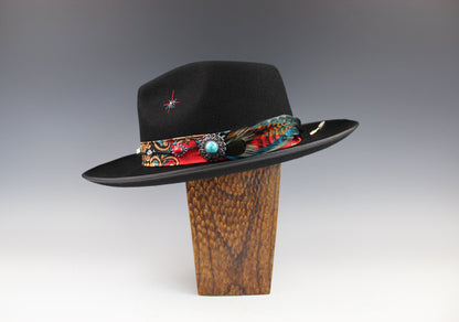 The Hendrix Fedora - Hat Rock and Roll Style Hat Unisex For Men And Women Blues Gig Musician Hat Black And Silver Detailing Paisley Silk