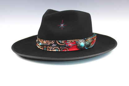 The Hendrix Fedora - Hat Rock and Roll Style Hat Unisex For Men And Women Blues Gig Musician Hat Black And Silver Detailing Paisley Silk