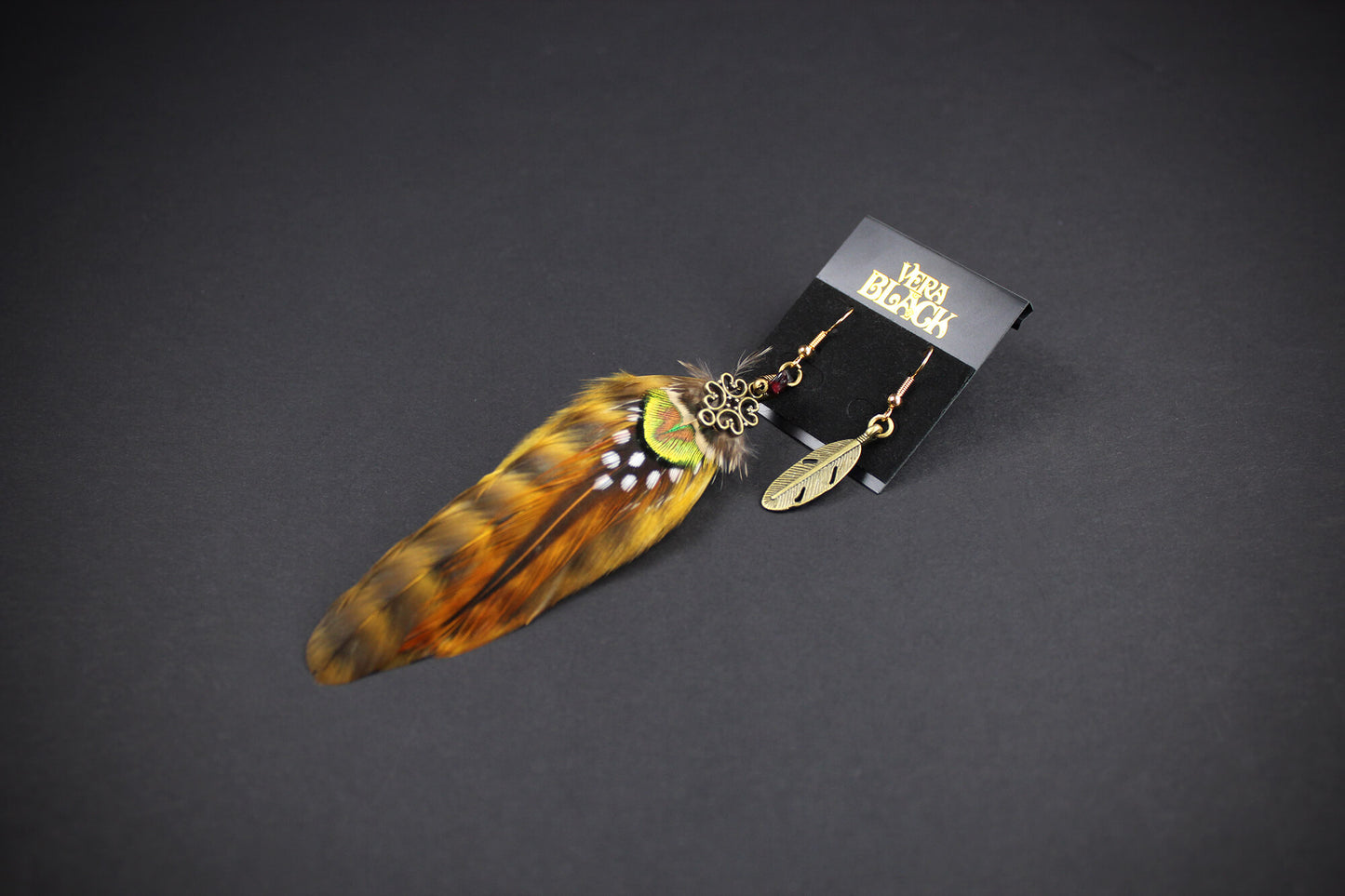 Yellow & Bronze Detailed Feather Earrings - Asymmetrical Natural Feather Earrings with Feather Charm, Rock n Roll Bohemian Hippie Style