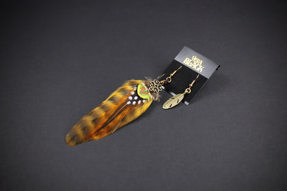 Yellow & Bronze Detailed Feather Earrings - Asymmetrical Natural Feather Earrings with Feather Charm, Rock n Roll Bohemian Hippie Style