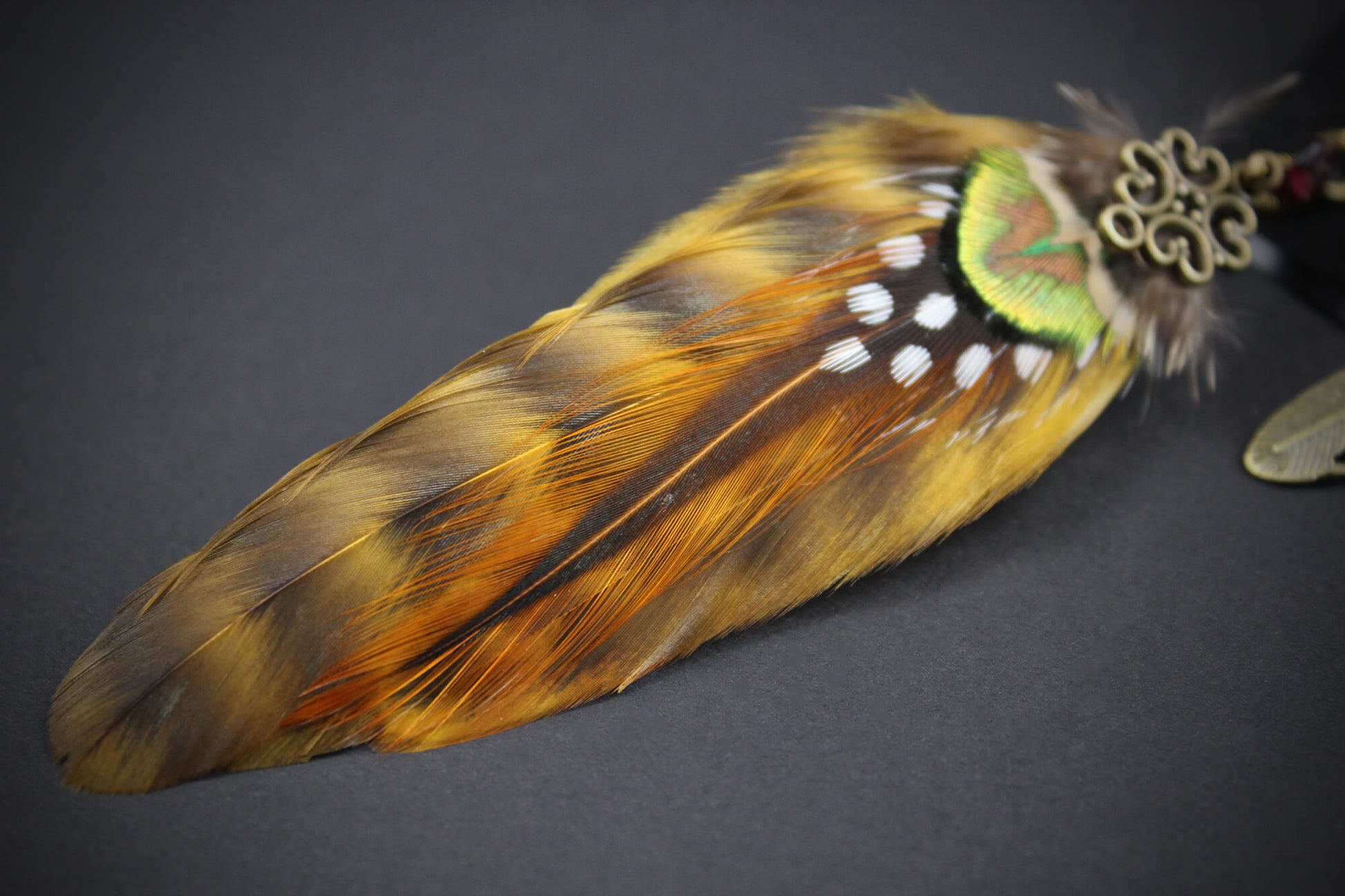 Yellow & Bronze Detailed Feather Earrings - Asymmetrical Natural Feather Earrings with Feather Charm, Rock n Roll Bohemian Hippie Style