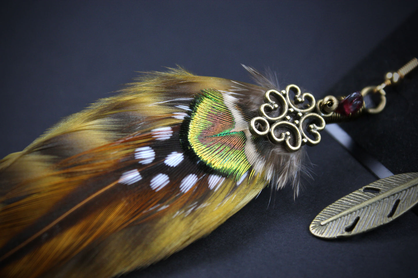 Yellow & Bronze Detailed Feather Earrings - Asymmetrical Natural Feather Earrings with Feather Charm, Rock n Roll Bohemian Hippie Style