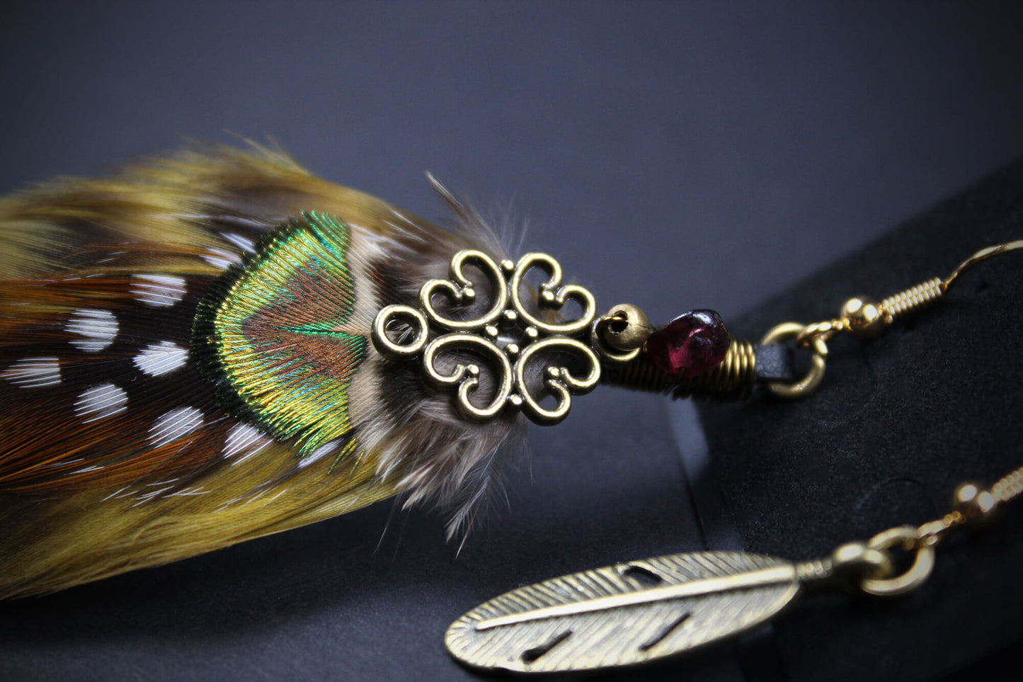 Yellow & Bronze Detailed Feather Earrings - Asymmetrical Natural Feather Earrings with Feather Charm, Rock n Roll Bohemian Hippie Style