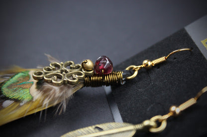 Yellow & Bronze Detailed Feather Earrings - Asymmetrical Natural Feather Earrings with Feather Charm, Rock n Roll Bohemian Hippie Style