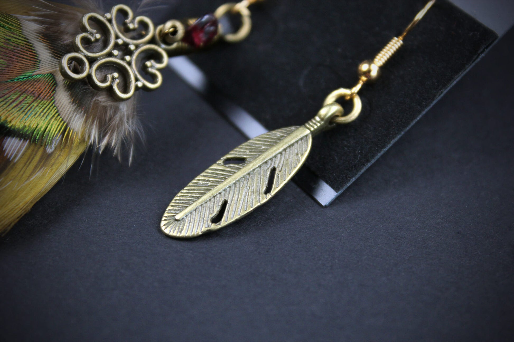 Yellow & Bronze Detailed Feather Earrings - Asymmetrical Natural Feather Earrings with Feather Charm, Rock n Roll Bohemian Hippie Style