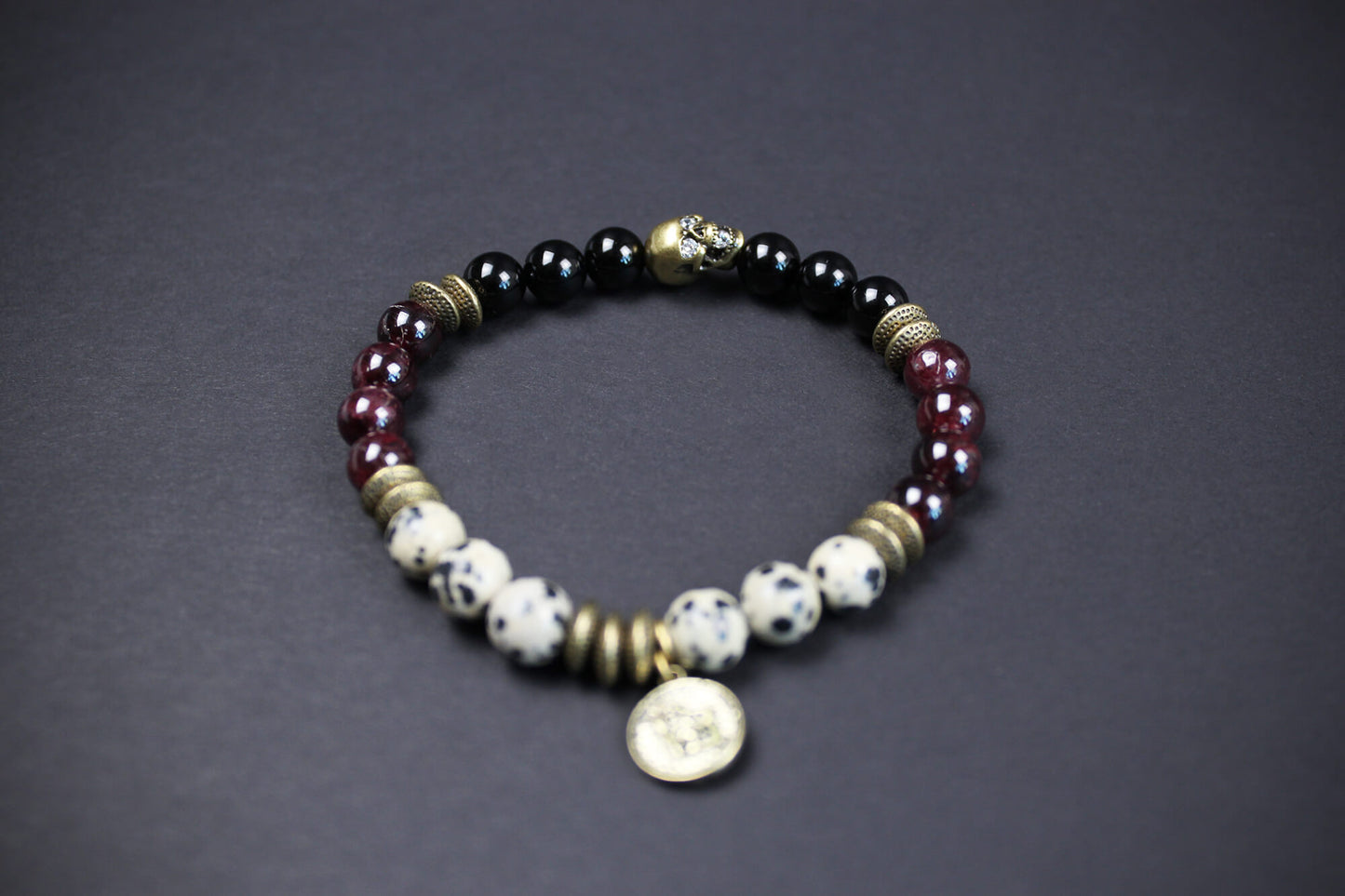 The Snake Eyes Bracelet - Black Onyx Red Garnet Dalmation Jasper Bronze Detailing Rock n Roll Pirate Style Unisex For Men And Women