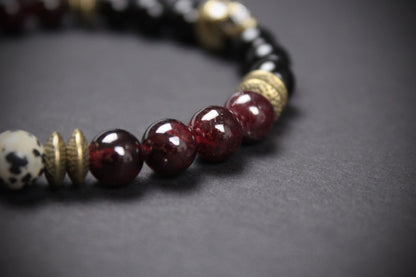 The Snake Eyes Bracelet - Black Onyx Red Garnet Dalmation Jasper Bronze Detailing Rock n Roll Pirate Style Unisex For Men And Women