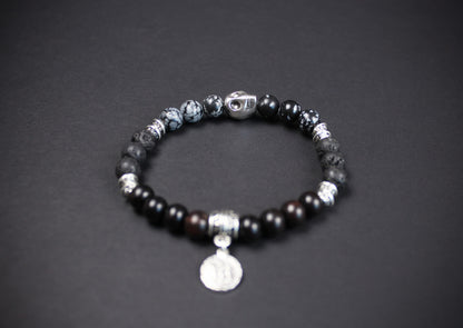 Snowflake Obsidian & Silver Skull Bracelet - High grade stone day of the dead skull unisex for men and women rock n roll pirate style