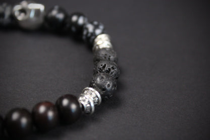 Snowflake Obsidian & Silver Skull Bracelet - High grade stone day of the dead skull unisex for men and women rock n roll pirate style