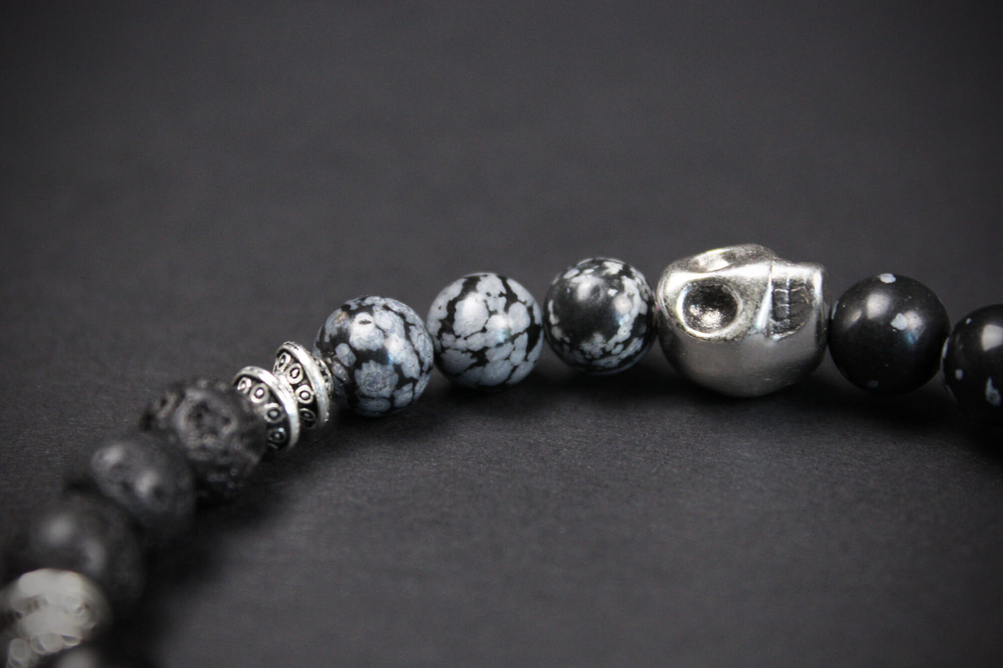 Snowflake Obsidian & Silver Skull Bracelet - High grade stone day of the dead skull unisex for men and women rock n roll pirate style