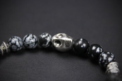 Snowflake Obsidian & Silver Skull Bracelet - High grade stone day of the dead skull unisex for men and women rock n roll pirate style