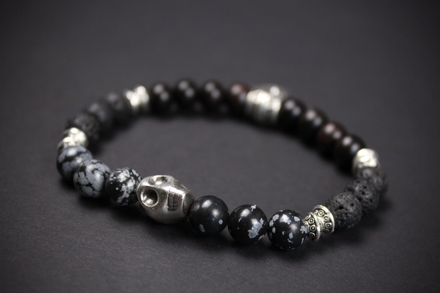 Snowflake Obsidian & Silver Skull Bracelet - High grade stone day of the dead skull unisex for men and women rock n roll pirate style