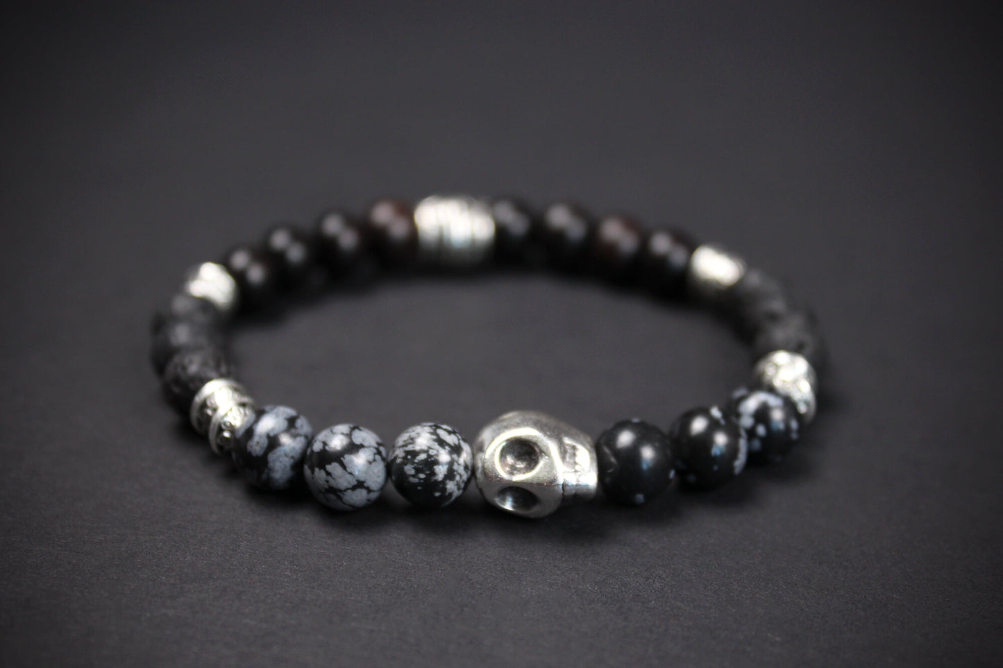 Snowflake Obsidian & Silver Skull Bracelet - High grade stone day of the dead skull unisex for men and women rock n roll pirate style