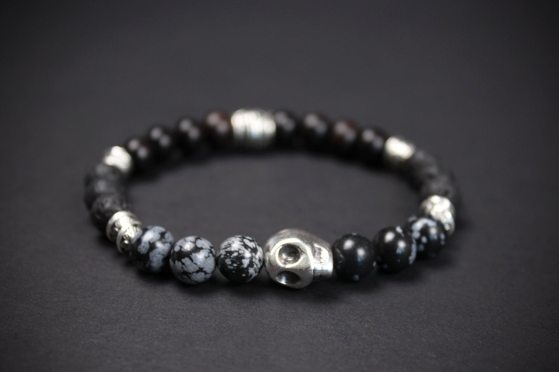 Snowflake Obsidian & Silver Skull Bracelet - High grade stone day of the dead skull unisex for men and women rock n roll pirate style