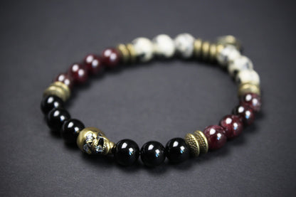 The Snake Eyes Bracelet - Black Onyx Red Garnet Dalmation Jasper Bronze Detailing Rock n Roll Pirate Style Unisex For Men And Women