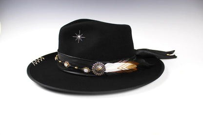 The Diablo Fedora - Rock and Roll Style Hat Unisex For Men And Women Blues Gig Musician Hat Black And Gold Detailing with moonstone