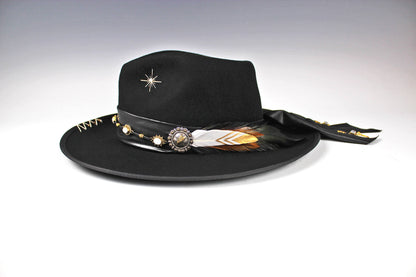 The Diablo Fedora - Rock and Roll Style Hat Unisex For Men And Women Blues Gig Musician Hat Black And Gold Detailing with moonstone