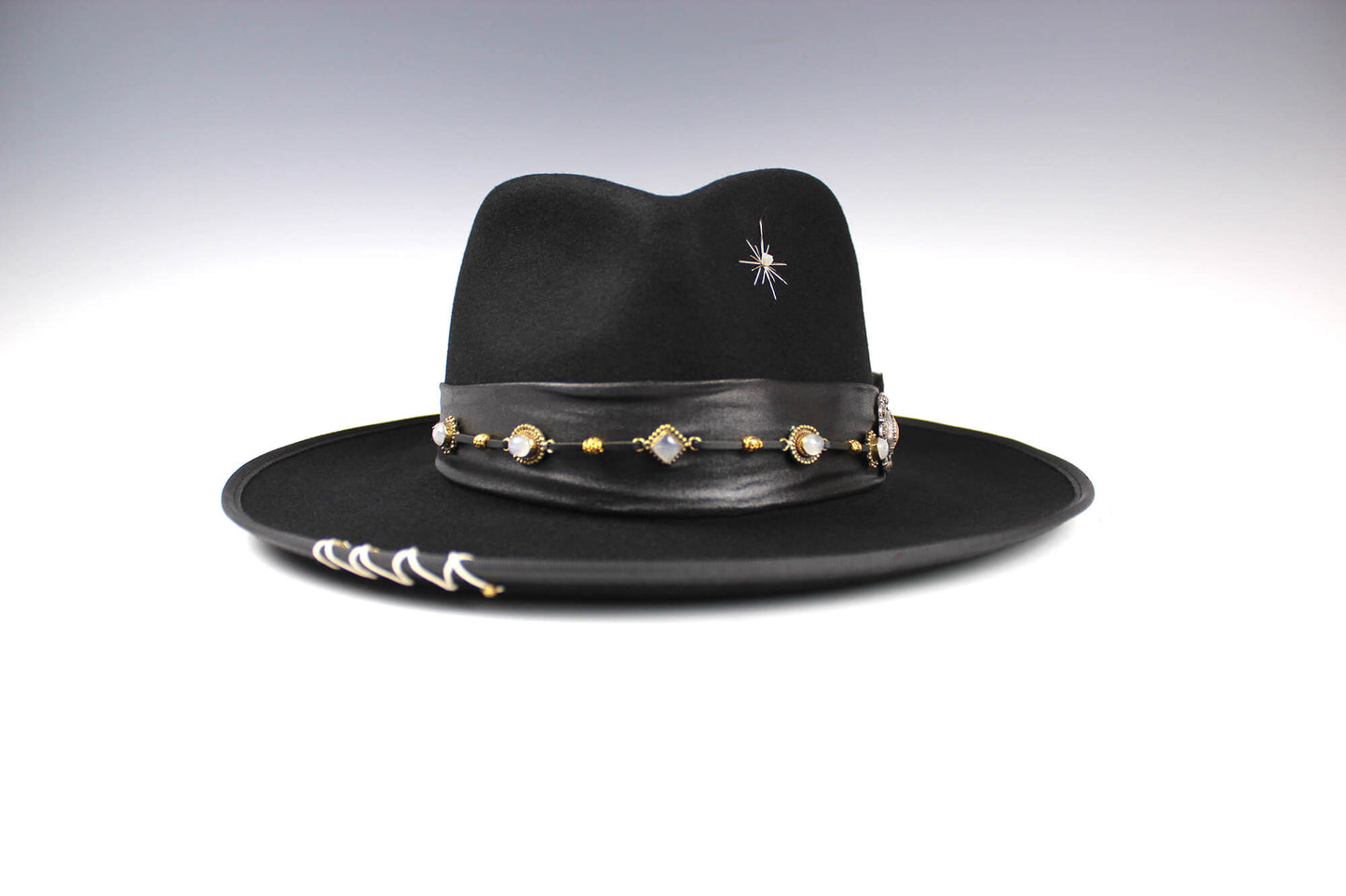 The Diablo Fedora - Rock and Roll Style Hat Unisex For Men And Women Blues Gig Musician Hat Black And Gold Detailing with moonstone