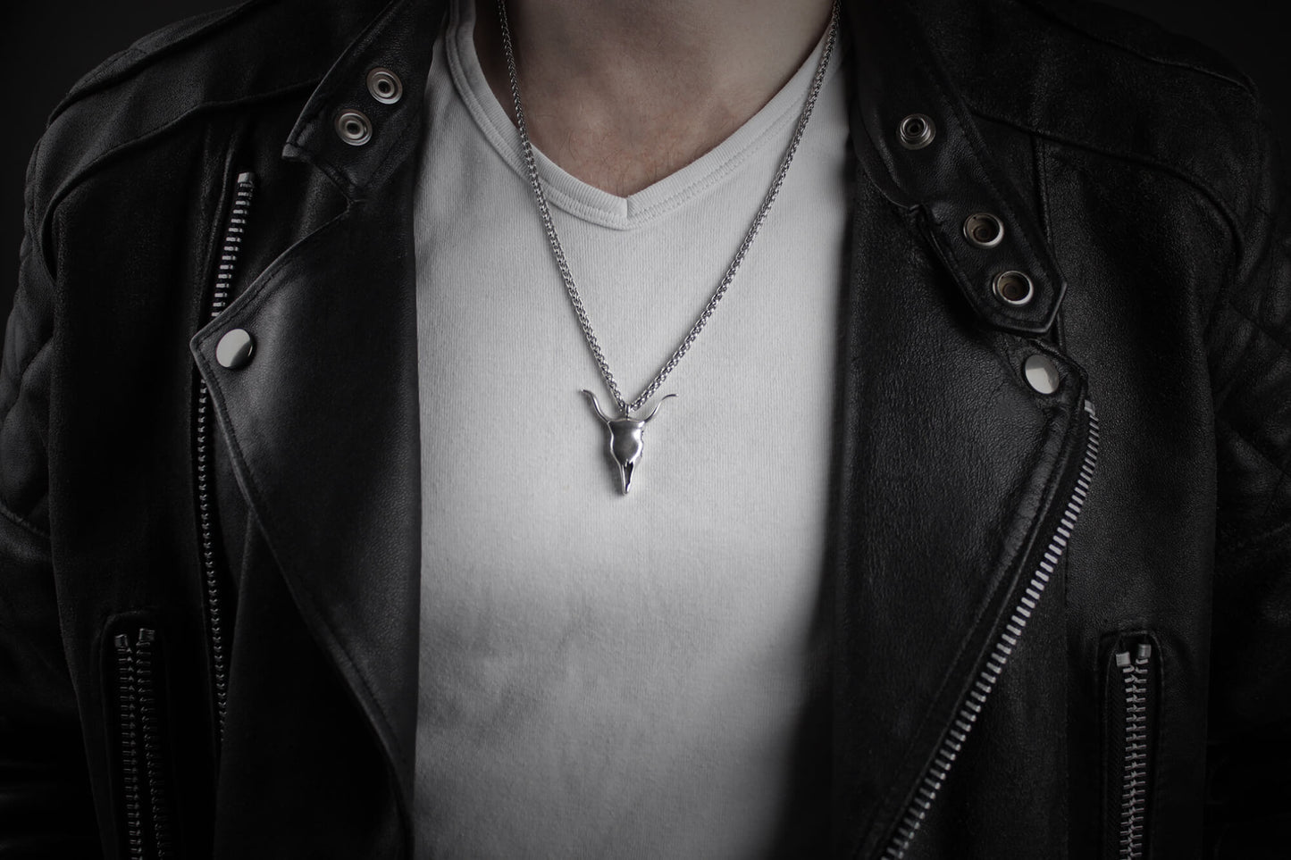 Steer Skull Necklace - silver chain bull skull pirate rock n roll biker necklace unisex for men and women country music style