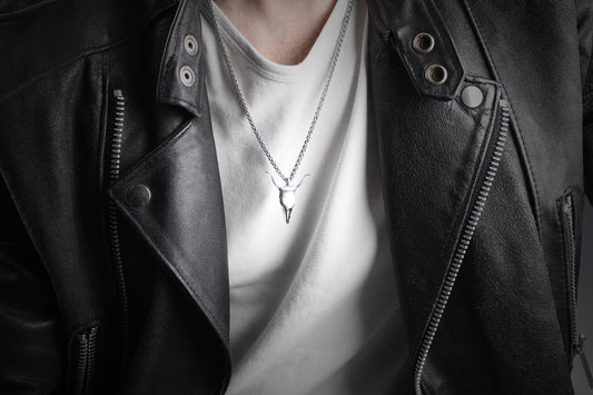 Steer Skull Necklace - silver chain bull skull pirate rock n roll biker necklace unisex for men and women country music style