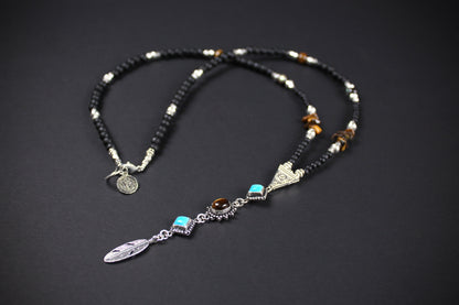 The Santa Fe Beaded Drop Necklace - Tribal Country & Western Style Long Necklace, Gemstone Silver Unisex Necklace For Men And Women